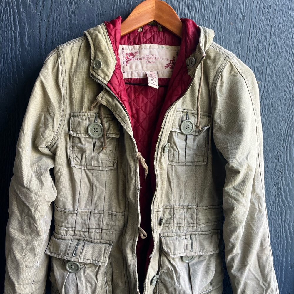 Khaki Hooded Jacket with Red Lining